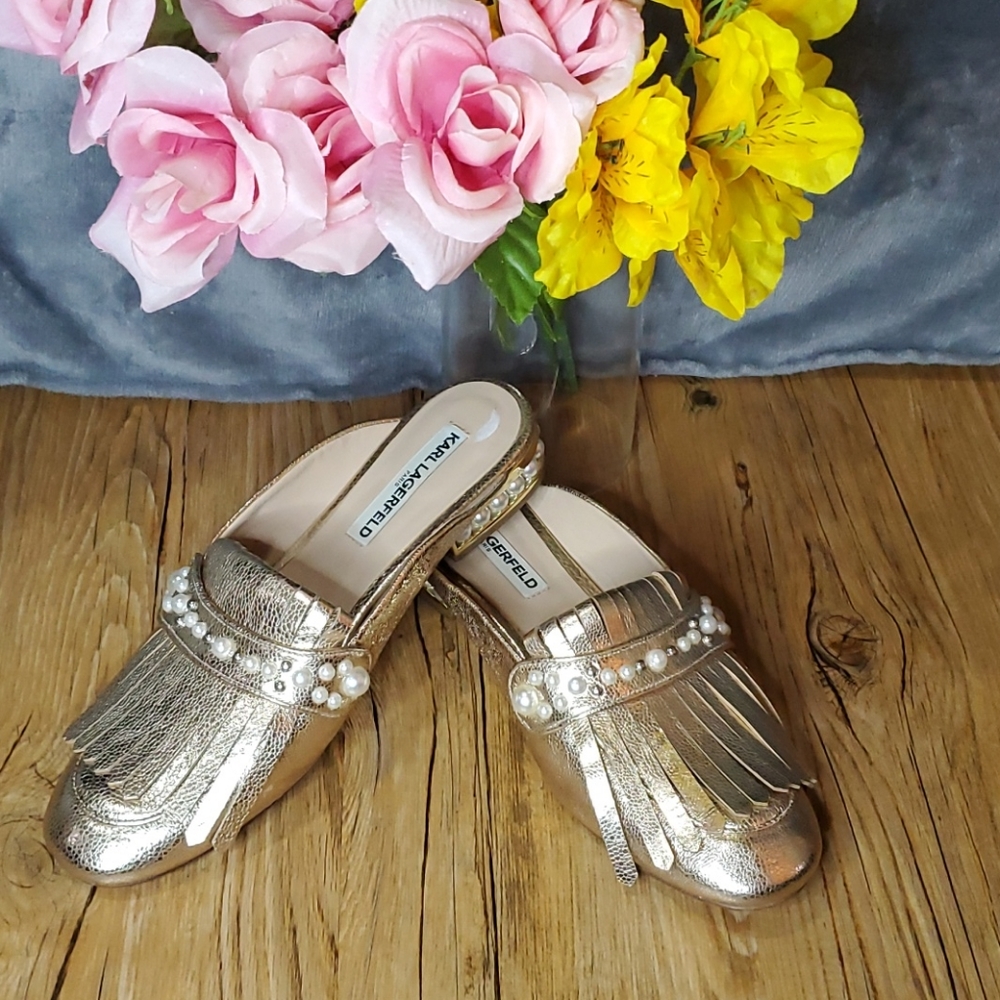 Karl Lagerfeld Becky Gold Pearl Mules Size 9